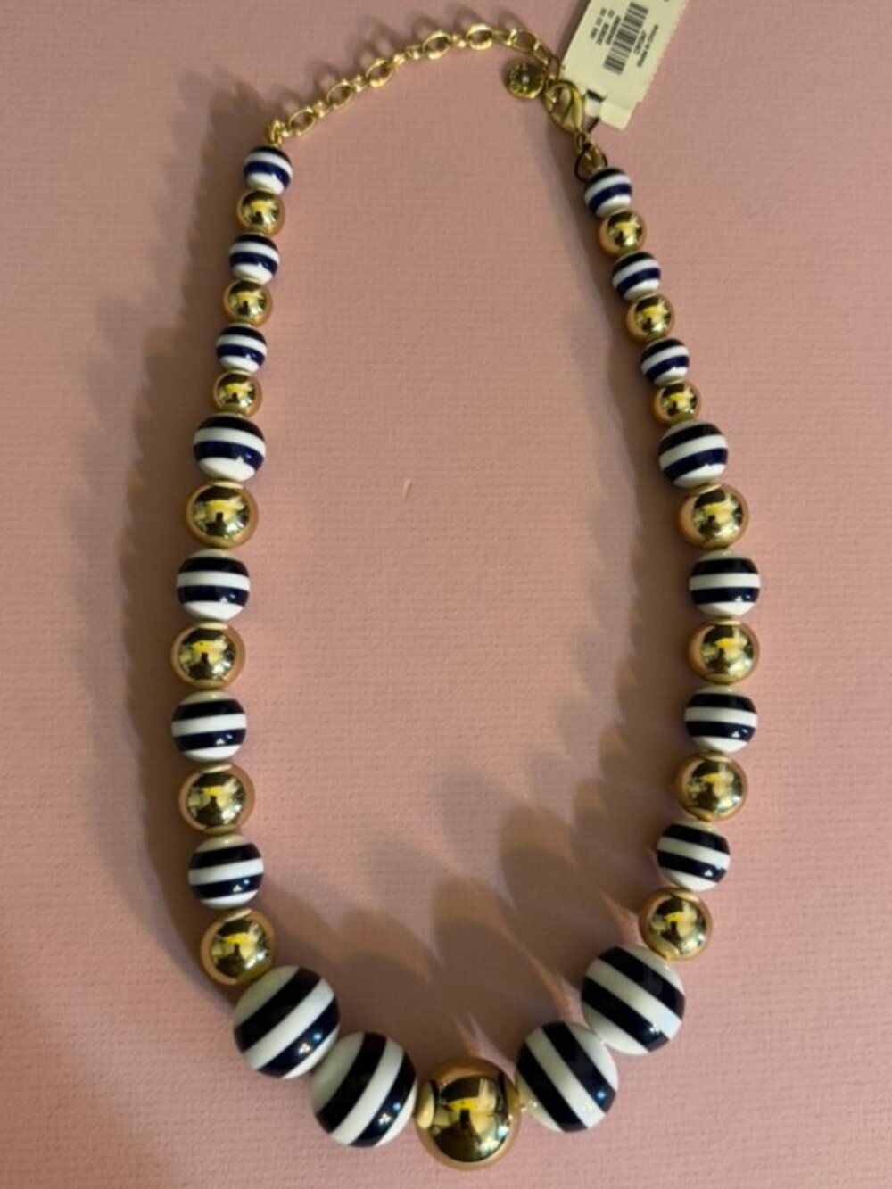 NWT Talbots Statement Necklace Navy White Gold Stripe Graduated Beads Adj Length - Picture 4 of 7